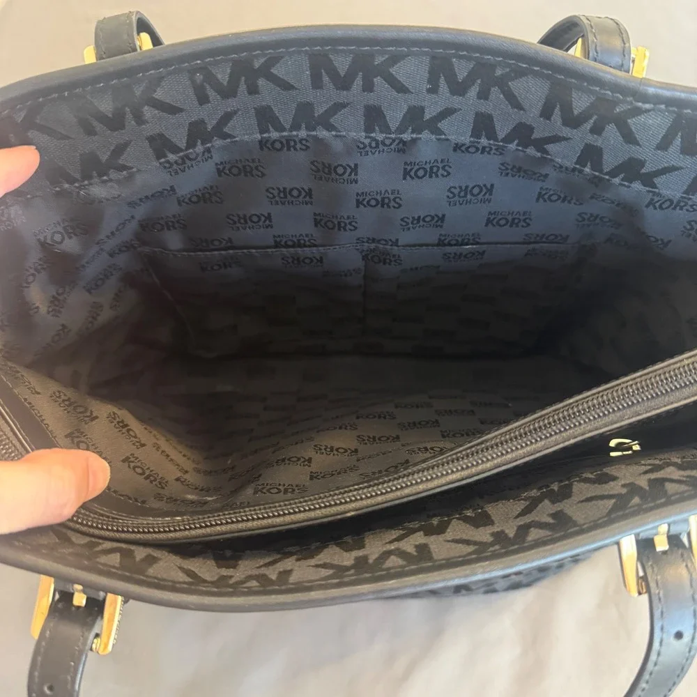 Michael Kors‎ Black MK Monogram Jacquard Tote Shoulder Bag Gold Hardware
